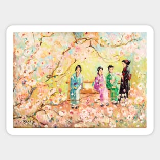 Japanese Women Recite Poetry Under Sakura Sticker